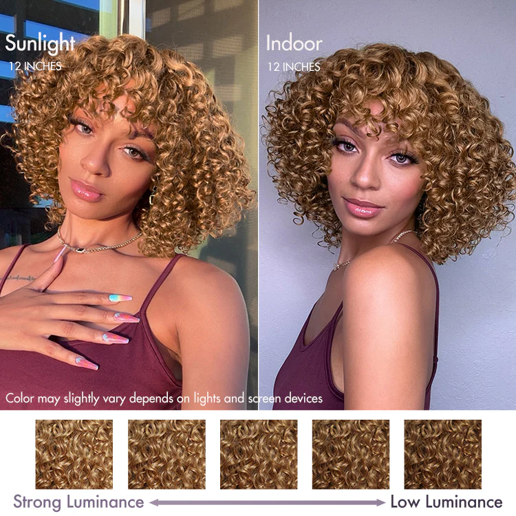 New Customers Only | Lightweight Sun-kissed Vibe Blonde Short Cut Water Wave Glueless Minimalist Lace Curly Wig with Bangs - Image 5