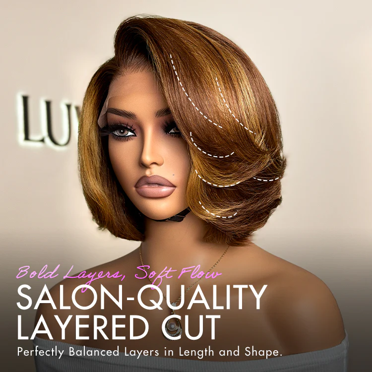 New Customers Only | Limited Design | Toffee Brown Mix Blonde / Natural Black Layered Cut Glueless 5x5 Closure Lace Bob Wig - Image 3