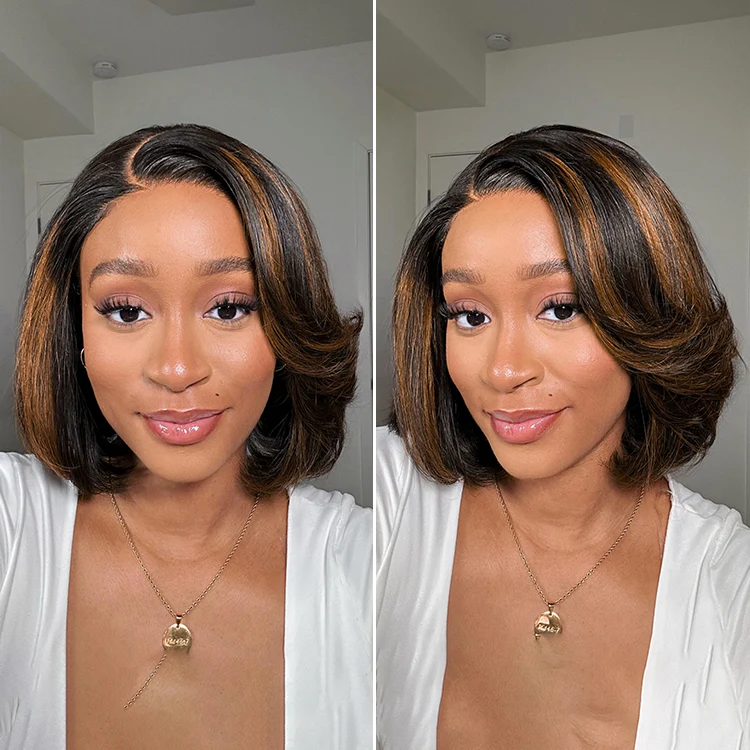 New Customers Only | Limited Design | Toffee Brown Mix Blonde / Natural Black Layered Cut Glueless 5x5 Closure Lace Bob Wig - Image 12