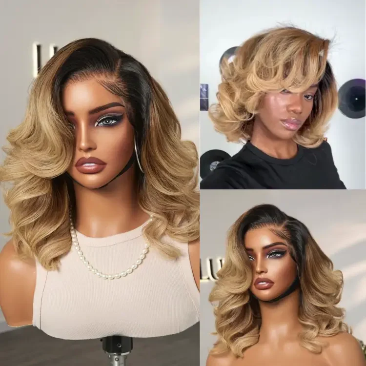 New Customers Only | PreMax Wigs - Honey Blonde Highlight / Natural Black / Ombre Blonde Bouncy Body Wave Glueless 13x4 Frontal Lace Human Hair Wig - Image 10