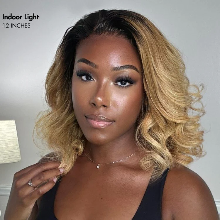 New Customers Only | PreMax Wigs - Honey Blonde Highlight / Natural Black / Ombre Blonde Bouncy Body Wave Glueless 13x4 Frontal Lace Human Hair Wig - Image 11