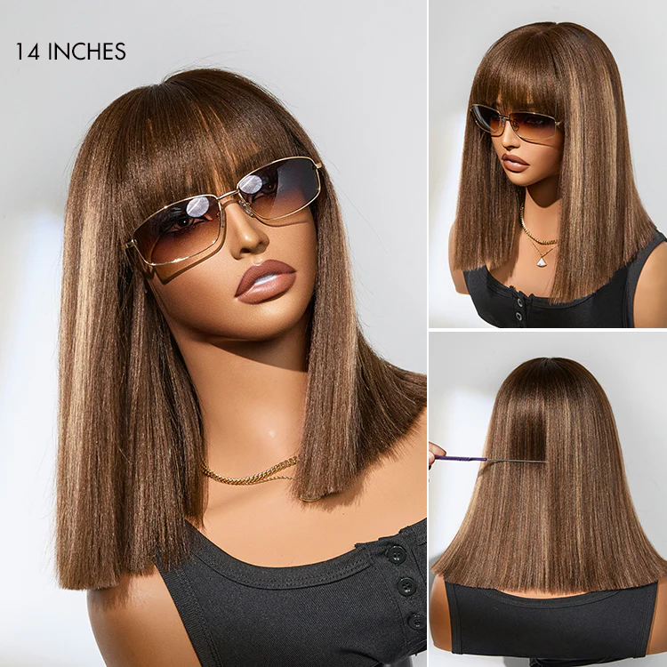 New Customers Only | Put On and Go Realistic Glueless Yaki Straight Bob with Bangs Minimalist Lace Wig 100% Human Hair - Image 10