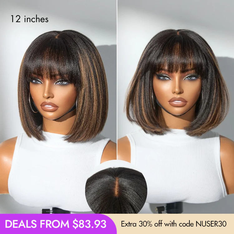 New Customers Only | Put On and Go Realistic Glueless Yaki Straight Bob with Bangs Minimalist Lace Wig 100% Human Hair - Image 19