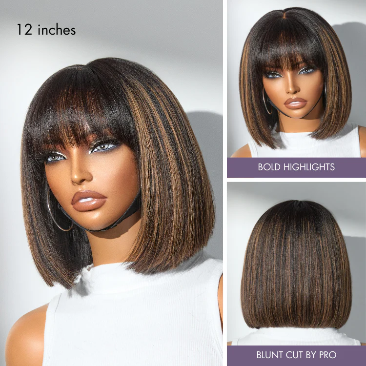 New Customers Only | Put On and Go Realistic Glueless Yaki Straight Bob with Bangs Minimalist Lace Wig 100% Human Hair - Image 6
