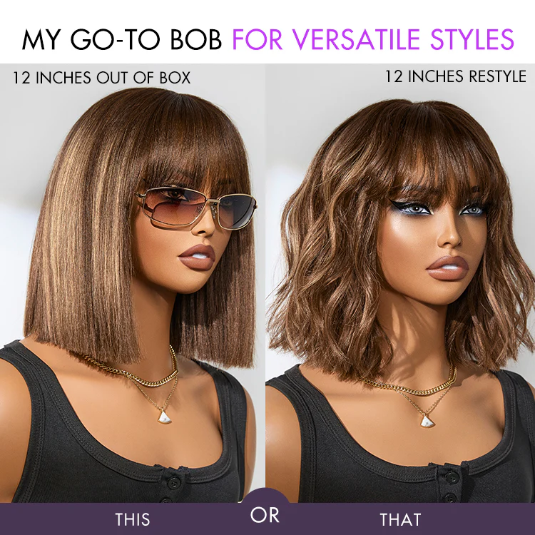 New Customers Only | Put On and Go Realistic Glueless Yaki Straight Bob with Bangs Minimalist Lace Wig 100% Human Hair - Image 9