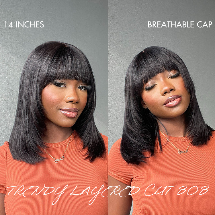 New Customers Only | Put On and Go Ash Blonde Highlight / Brown Highlight / Natural Black Layered Cut Yaki Straight Minimalist Lace Bob Wig - Image 17
