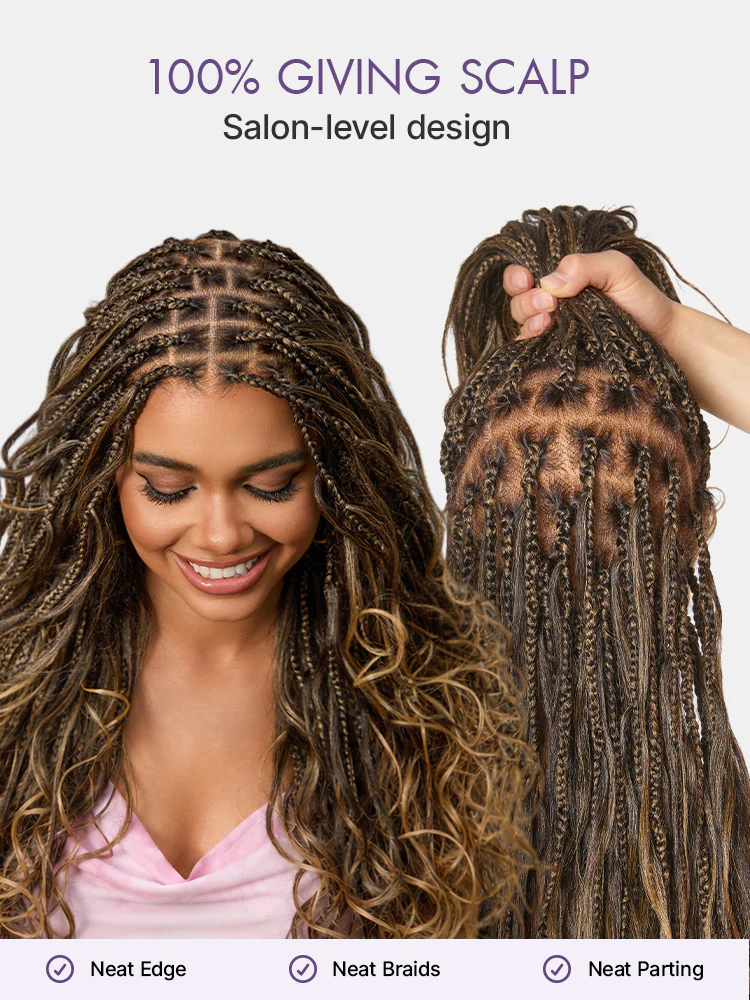 New Customers Only | OwnScalp™ Ombre Honey Blonde French Curl Knotless Boho Braids HD Full Lace Long Wig Flexi Fit Invisi Drawstring Cap - US Only - Image 4