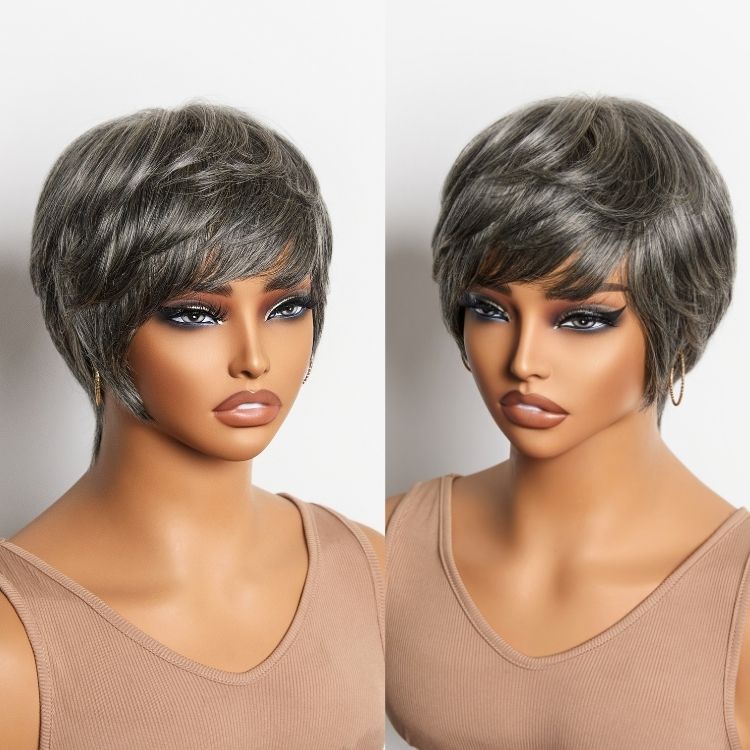 New Customers Only | Throw On & Go Salt & Pepper Short Pixie Cut Glueless Wig with Bangs 100% Human Hair Ultra Comfort Cotton Cap Hair Loss Friendly - Image 6