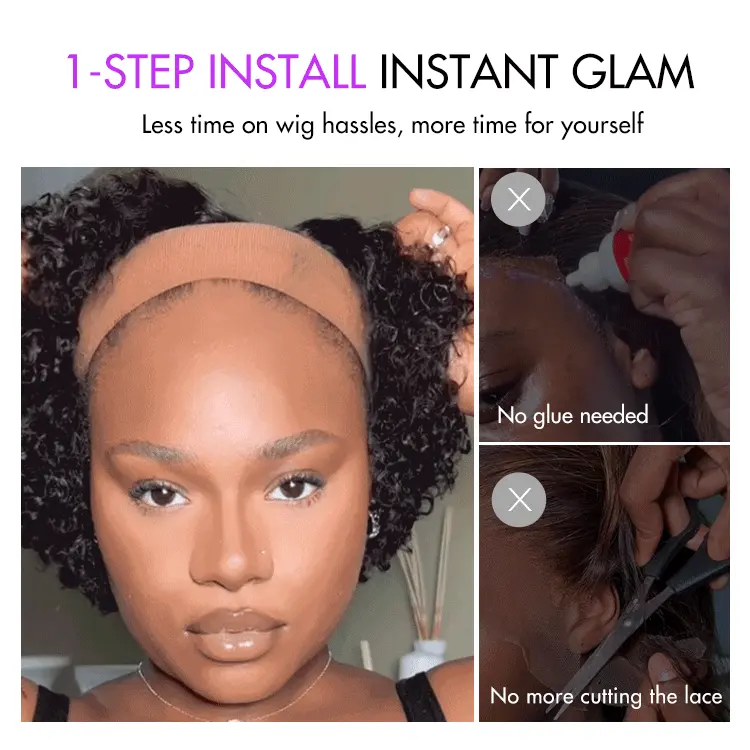 New Customers Only | Trendy Short Cut Curly Minimalist HD Lace Glueless Side Part Wig 100% Human Hair - Image 4
