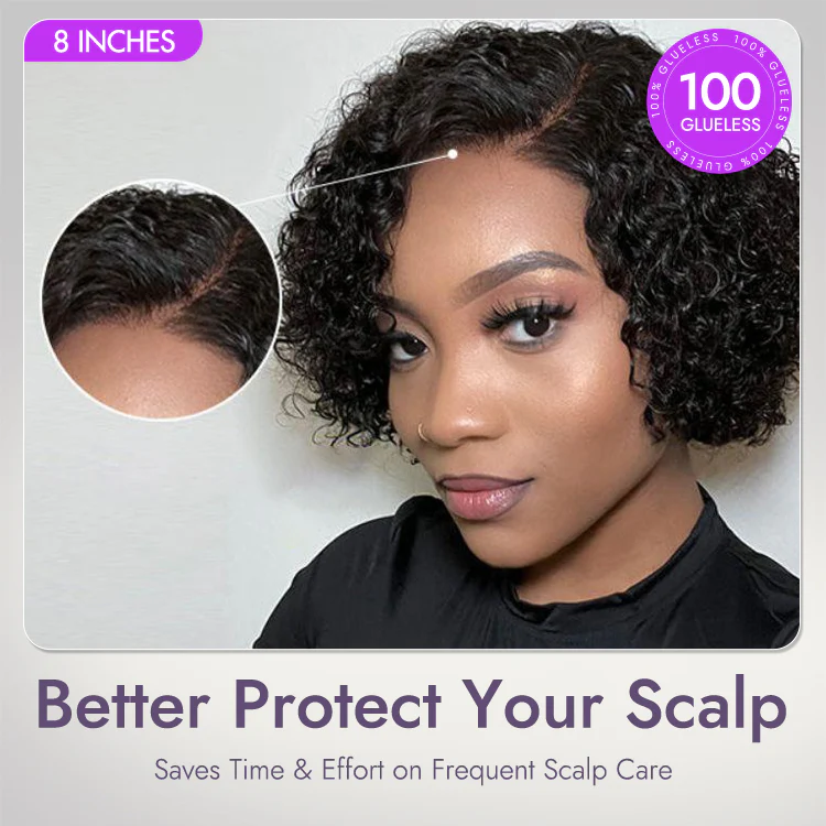 New Customers Only | Trendy Short Cut Curly Minimalist HD Lace Glueless Side Part Wig 100% Human Hair - Image 6