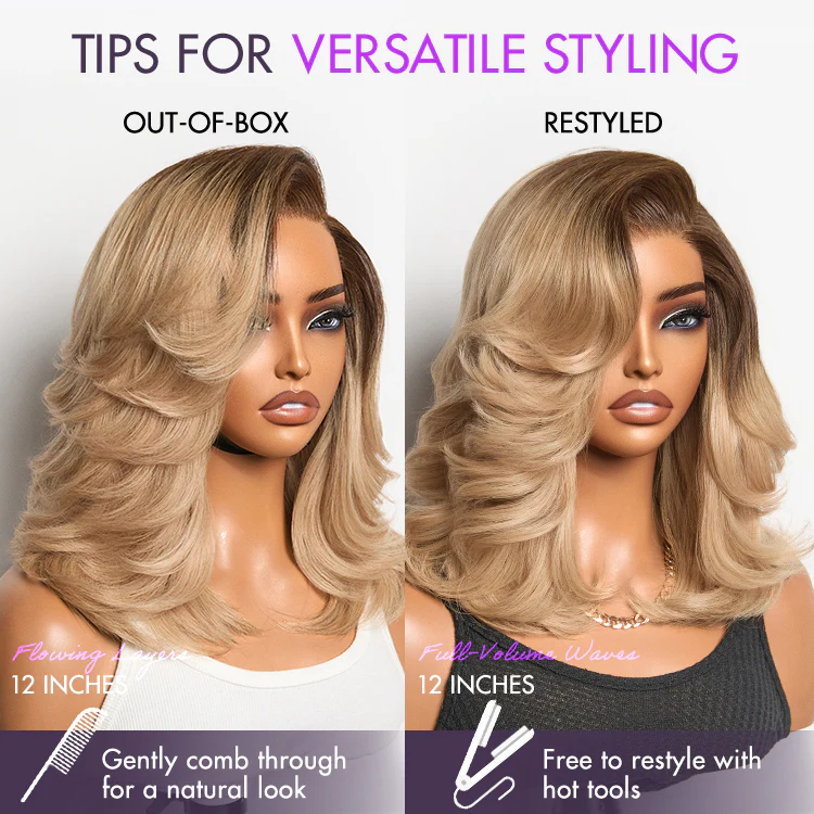 Ombre Blonde Blow Out Layered Cut Wavy Glueless HD Minimalist Lace Wig - Image 10