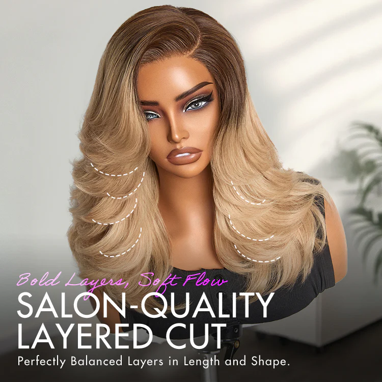 Ombre Blonde Blow Out Layered Cut Wavy Glueless HD Minimalist Lace Wig - Image 3