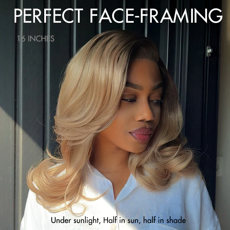 Ombre Blonde Blow Out Layered Cut Wavy Glueless HD Minimalist Lace Wig - Image 4