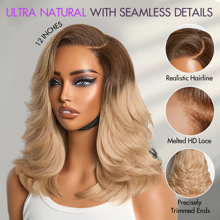 Ombre Blonde Blow Out Layered Cut Wavy Glueless HD Minimalist Lace Wig - Image 6