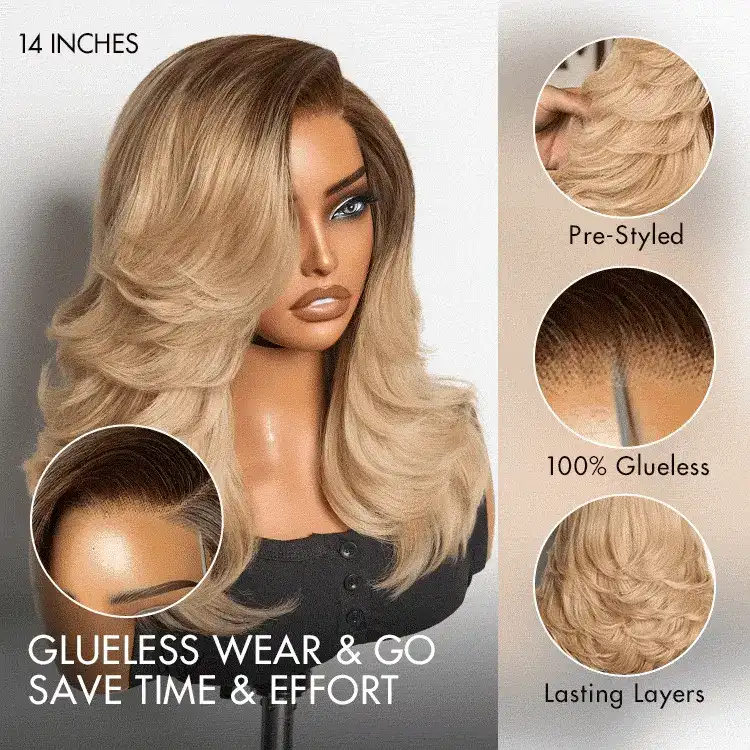 Ombre Blonde Blow Out Layered Cut Wavy Glueless HD Minimalist Lace Wig - Image 7