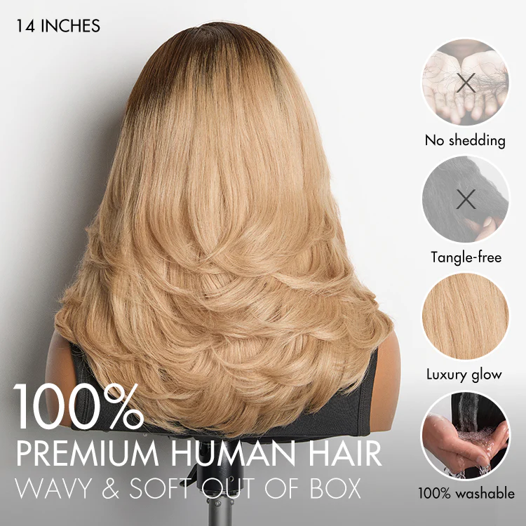 Ombre Blonde Blow Out Layered Cut Wavy Glueless HD Minimalist Lace Wig - Image 8