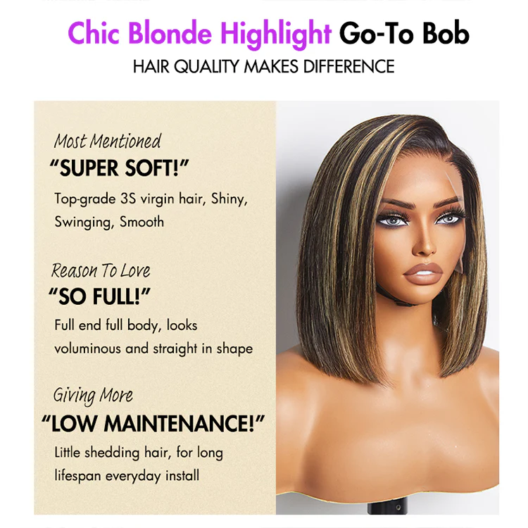 PreMax Wigs | Ombre Blonde Highlight Silky Straight Glueless Ear-to-ear Lace Bob Wig 100% Human Hair Pre-Cut Lace - Image 8
