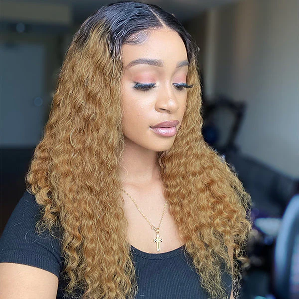 Ombre Brown Color Deep Wave Extented 4x4 Closure Lace Wig - Image 2