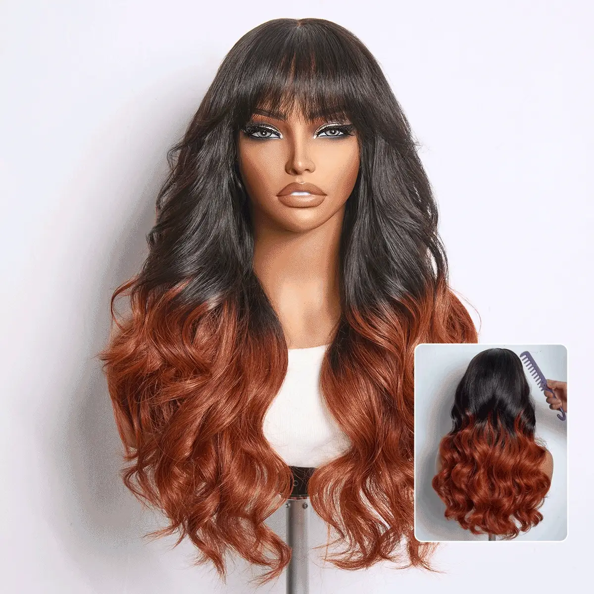 Ombre Reddish Brown Loose Wave Glueless 5x5 Closure Lace Wig with Bangs Pre-Cut Lace