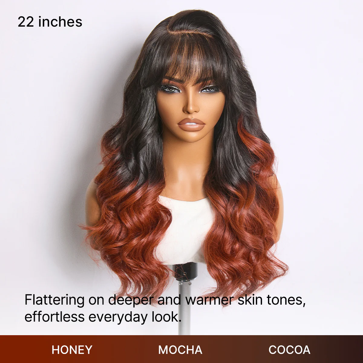Ombre Reddish Brown Loose Wave Glueless 5x5 Closure Lace Wig with Bangs Pre-Cut Lace - Image 3