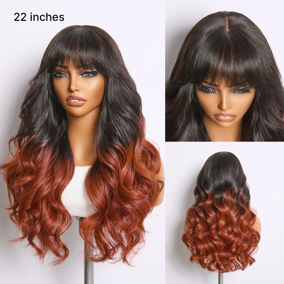 Ombre Reddish Brown Loose Wave Glueless 5x5 Closure Lace Wig with Bangs Pre-Cut Lace - Image 4