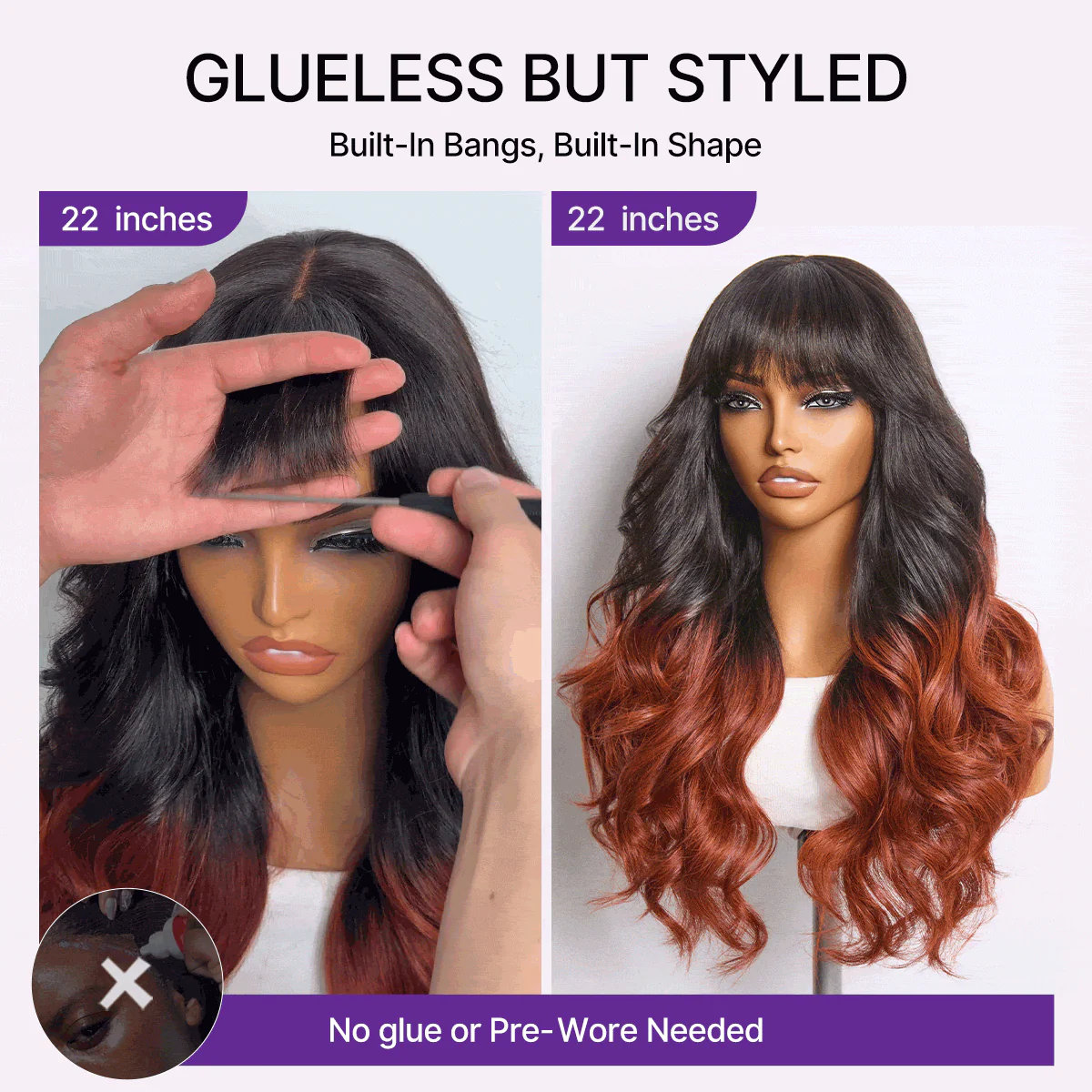 Ombre Reddish Brown Loose Wave Glueless 5x5 Closure Lace Wig with Bangs Pre-Cut Lace - Image 6