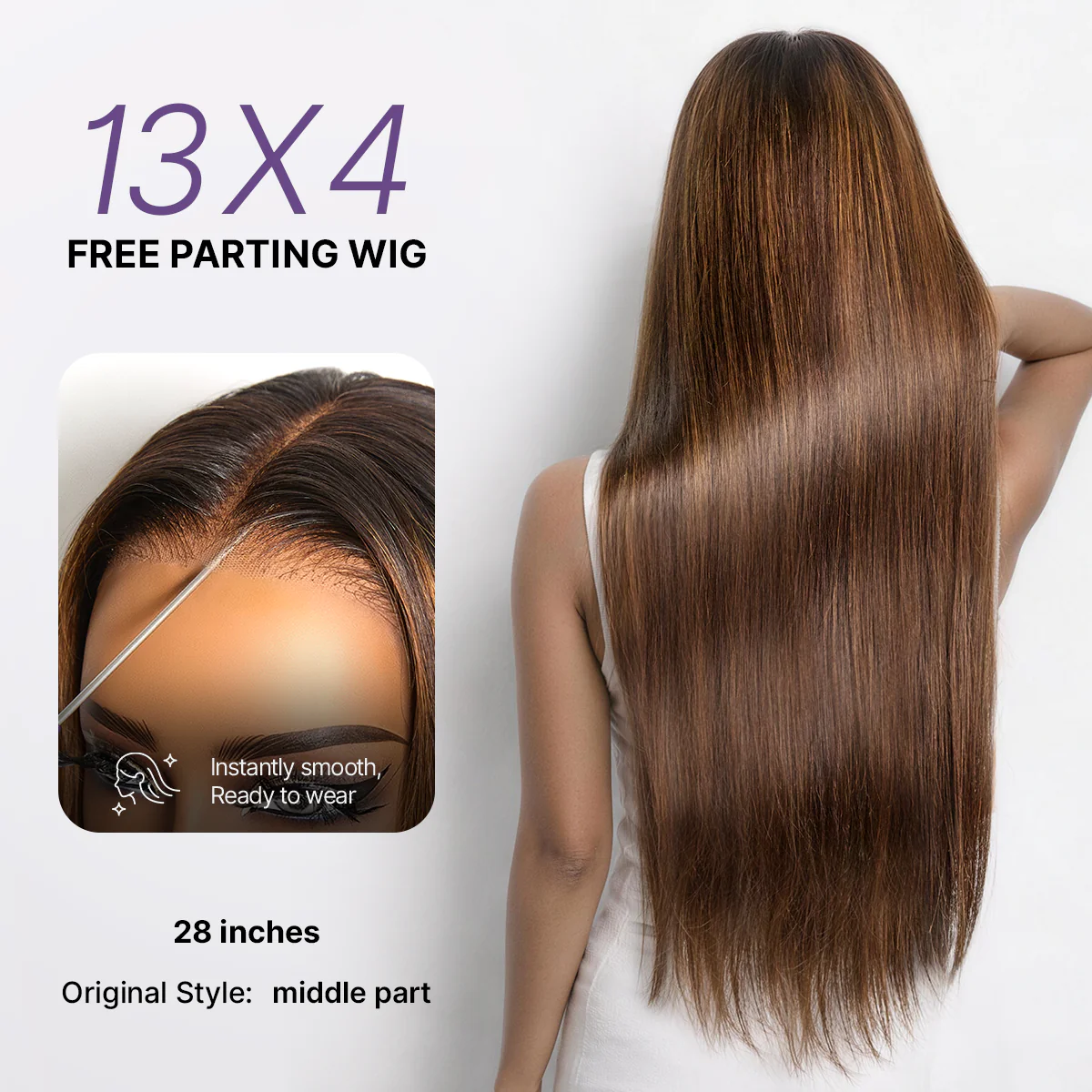 PreMax Wigs - Chestnut Brown with Honey Blonde Highlights Silky Straight 13x4 Frontal Lace Glueless Long Wig Pre-Cut Lace - Image 2