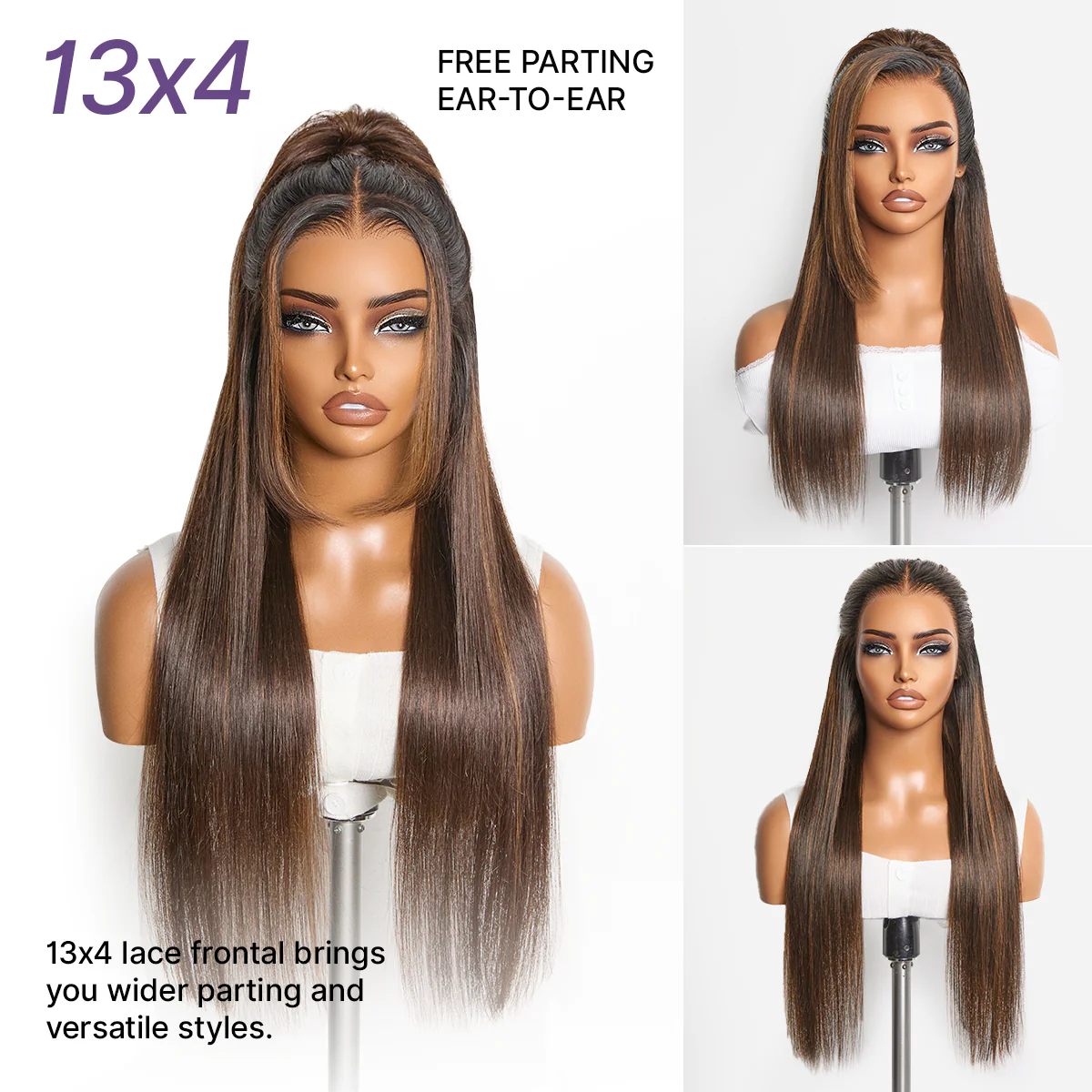 PreMax Wigs - Chestnut Brown with Honey Blonde Highlights Silky Straight 13x4 Frontal Lace Glueless Long Wig Pre-Cut Lace - Image 5
