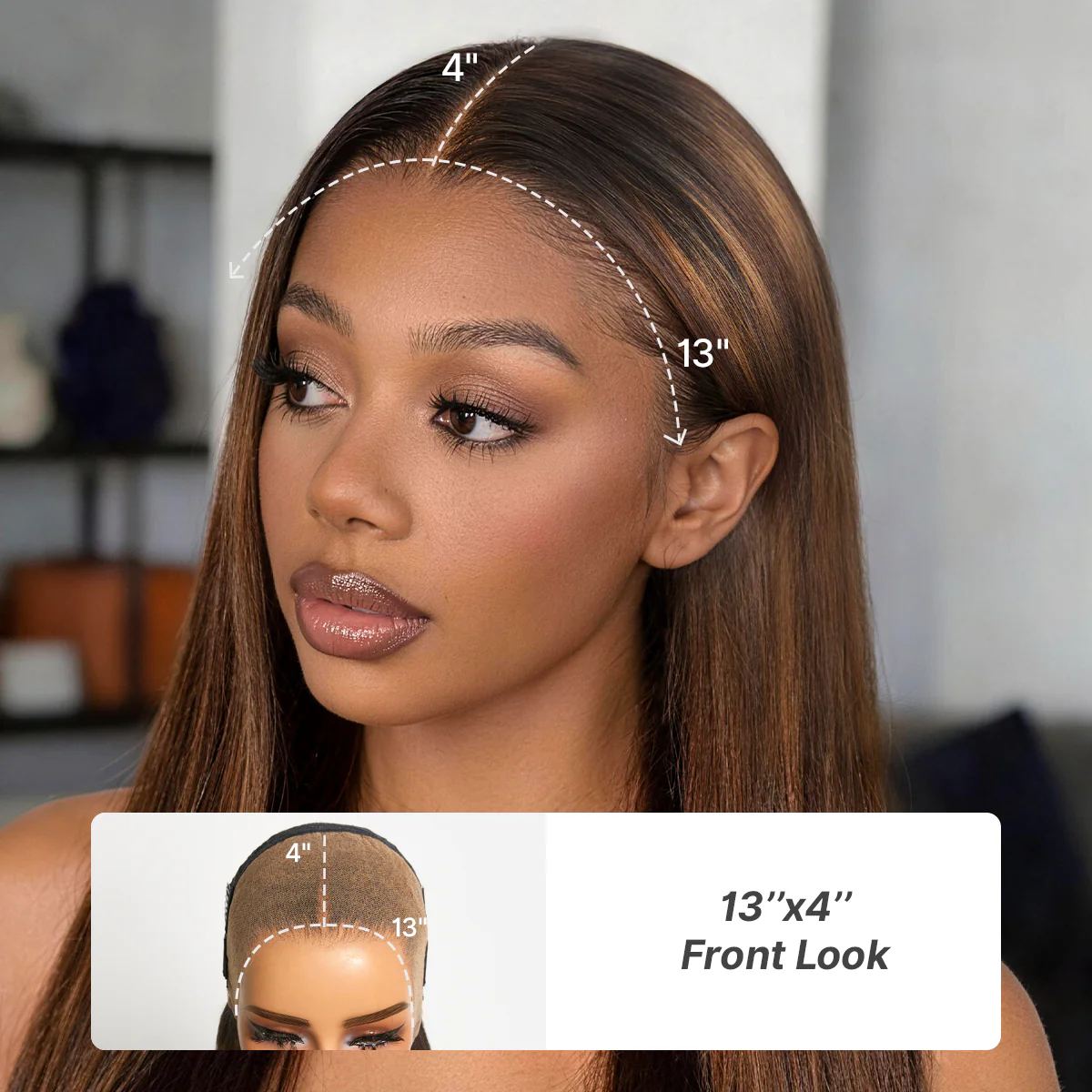 PreMax Wigs - Chestnut Brown with Honey Blonde Highlights Silky Straight 13x4 Frontal Lace Glueless Long Wig Pre-Cut Lace - Image 6