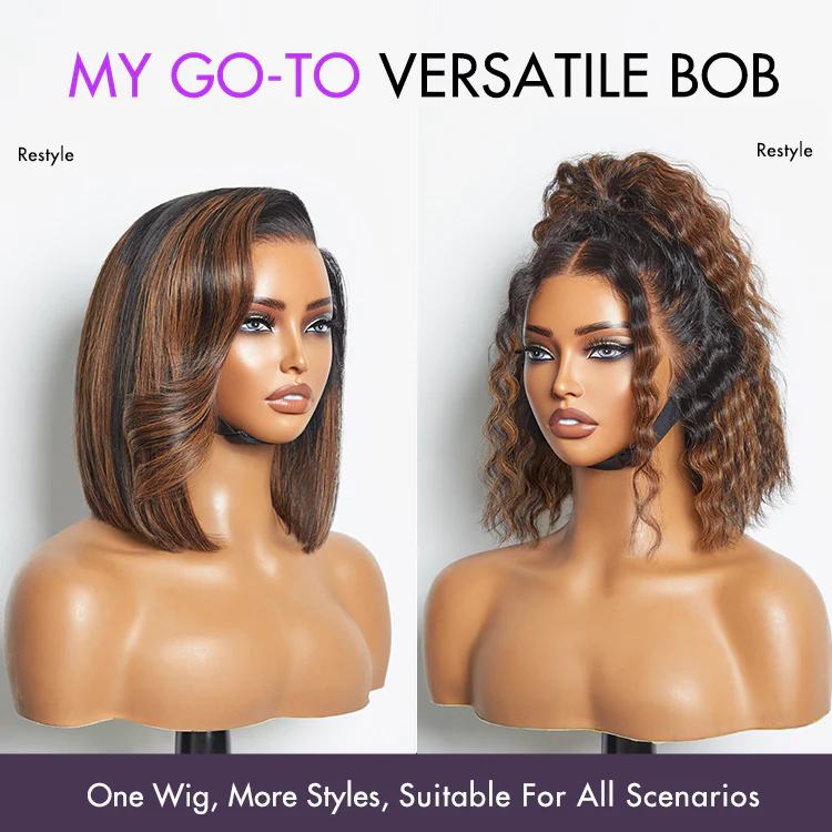 PreMax Wigs | Natural Looking Brown Highlight Silky Blunt Cut Bob Glueless 13x4 Frontal Pre-Cut Lace Wig - Image 3