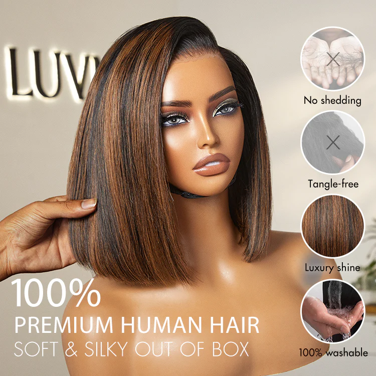 PreMax Wigs | Natural Looking Brown Highlight Silky Blunt Cut Bob Glueless 13x4 Frontal Pre-Cut Lace Wig - Image 4