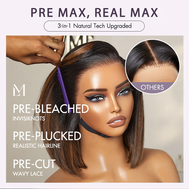PreMax Wigs | Natural Looking Brown Highlight Silky Blunt Cut Bob Glueless 13x4 Frontal Pre-Cut Lace Wig - Image 5