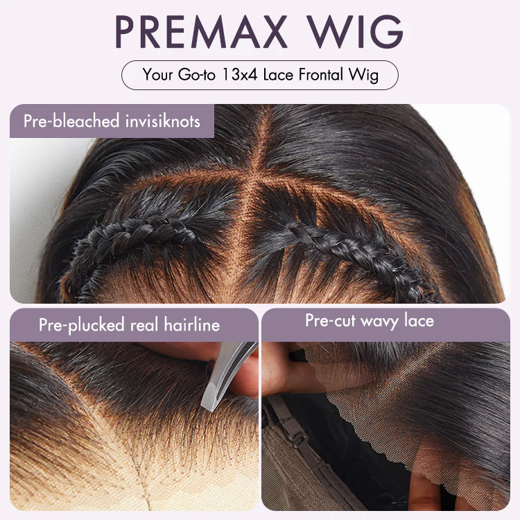 PreMax Wigs | Natural Looking Brown Highlight Silky Blunt Cut Bob Glueless 13x4 Frontal Pre-Cut Lace Wig - Image 6