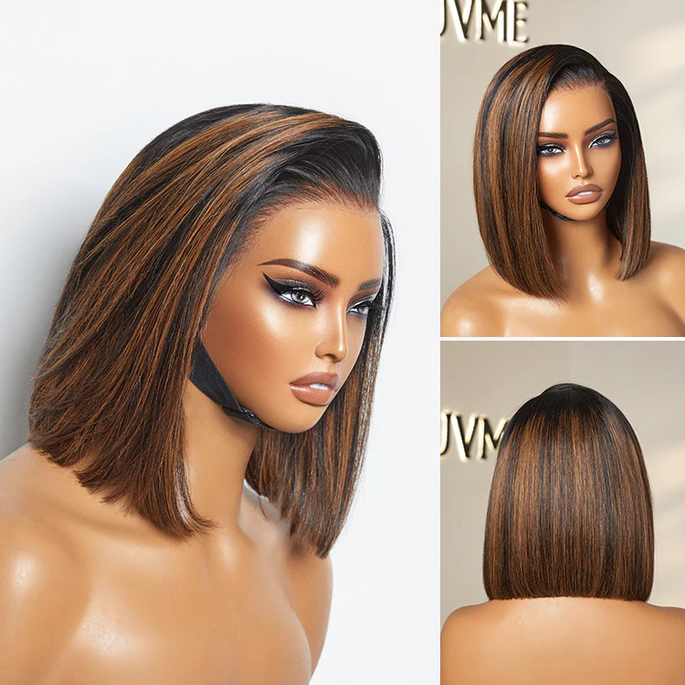 PreMax Wigs | Natural Looking Brown Highlight Silky Blunt Cut Bob Glueless 13x4 Frontal Pre-Cut Lace Wig - Image 8