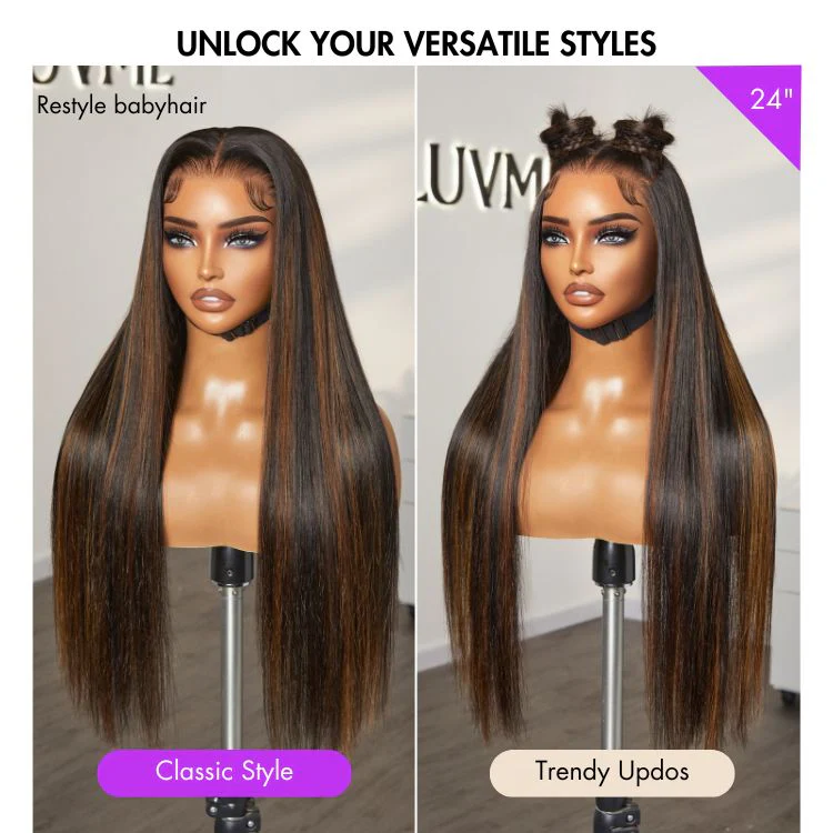 PreMax Wigs | Ultra Natural Hairline Brown Highlight Silky Straight Glueless 13x4 Frontal Lace Long Wig Pre-Cut Lace - Image 3
