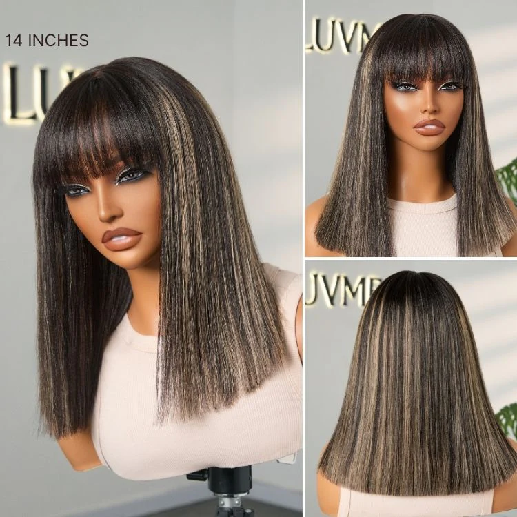 Put On and Go Blonde Highlight Yaki Straight Blunt Cut Bob Glueless Minimalist Lace Short Wig with Bangs - Image 5