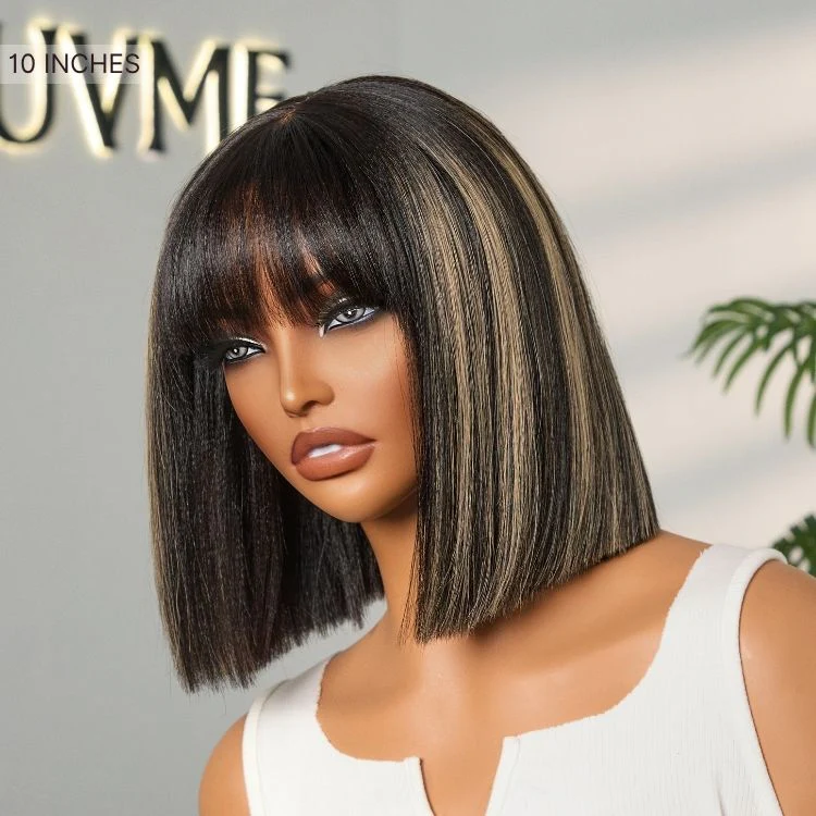 Put On and Go Blonde Highlight Yaki Straight Blunt Cut Bob Glueless Minimalist Lace Short Wig with Bangs - Image 7