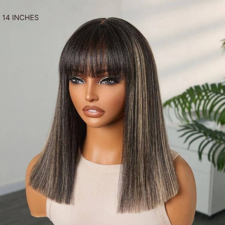 Put On and Go Blonde Highlight Yaki Straight Blunt Cut Bob Glueless Minimalist Lace Short Wig with Bangs - Image 8
