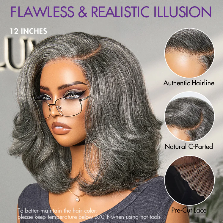 Put On and Go Salt and Pepper Layered Bob Glueless Pre-Cut Minimalist Lace Grey Wig - Image 3