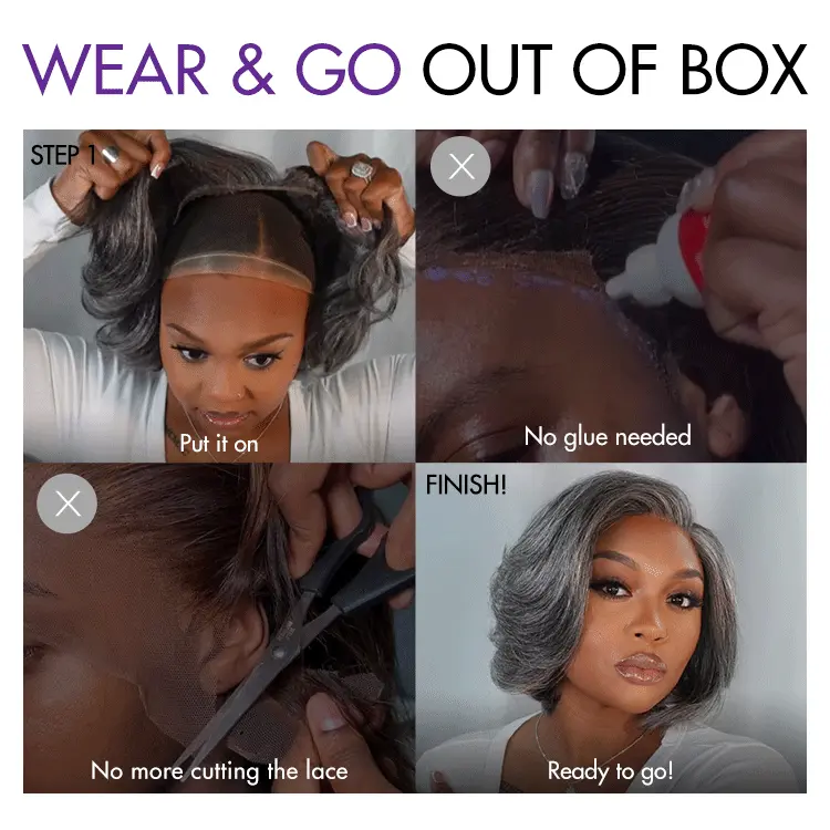 Put On and Go Salt and Pepper Layered Bob Glueless Pre-Cut Minimalist Lace Grey Wig - Image 6