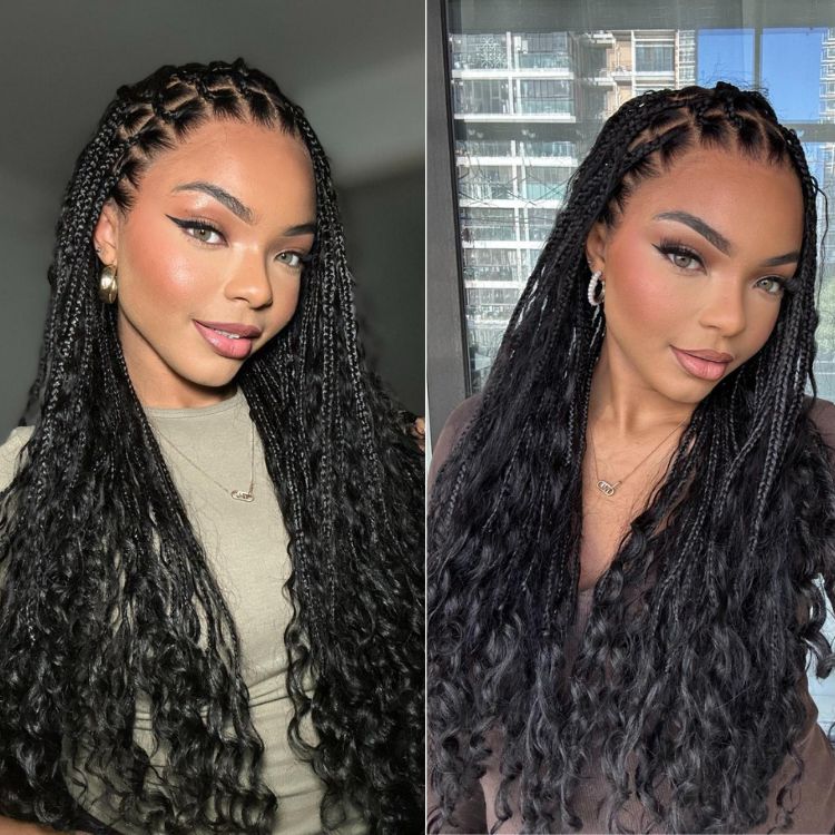 Readitress™ Mix Blonde / Natural Black Light Weight Flexi-Fit Invisi Drawstring Cap HD Full Lace Knotless Boho Curls Braided Long Wig Super Natural Scalp - US Only - Image 13