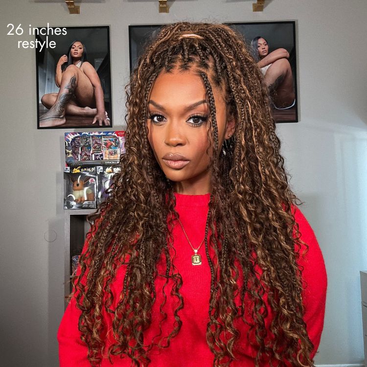 Readitress™ Mix Blonde / Natural Black Light Weight Flexi-Fit Invisi Drawstring Cap HD Full Lace Knotless Boho Curls Braided Long Wig Super Natural Scalp - US Only - Image 3