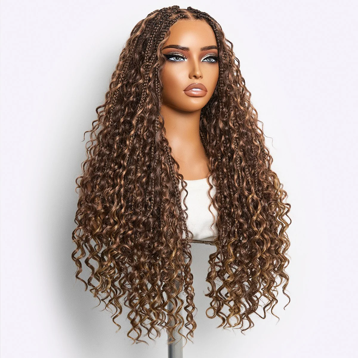 Readitress™ Mix Blonde / Natural Black Light Weight Flexi-Fit Invisi Drawstring Cap HD Full Lace Knotless Boho Curls Braided Long Wig Super Natural Scalp - US Only - Image 5