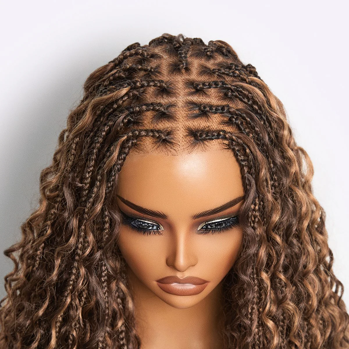 Readitress™ Mix Blonde / Natural Black Light Weight Flexi-Fit Invisi Drawstring Cap HD Full Lace Knotless Boho Curls Braided Long Wig Super Natural Scalp - US Only - Image 7