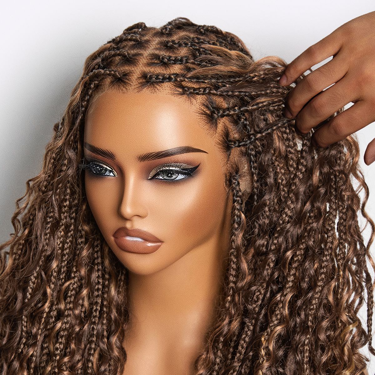 Readitress™ Mix Blonde / Natural Black Light Weight Flexi-Fit Invisi Drawstring Cap HD Full Lace Knotless Boho Curls Braided Long Wig Super Natural Scalp - US Only - Image 8