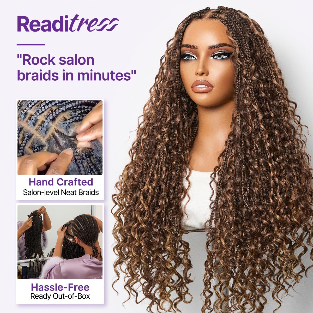 Readitress™ Mix Blonde / Natural Black Light Weight Flexi-Fit Invisi Drawstring Cap HD Full Lace Knotless Boho Curls Braided Long Wig Super Natural Scalp - US Only - Image 9