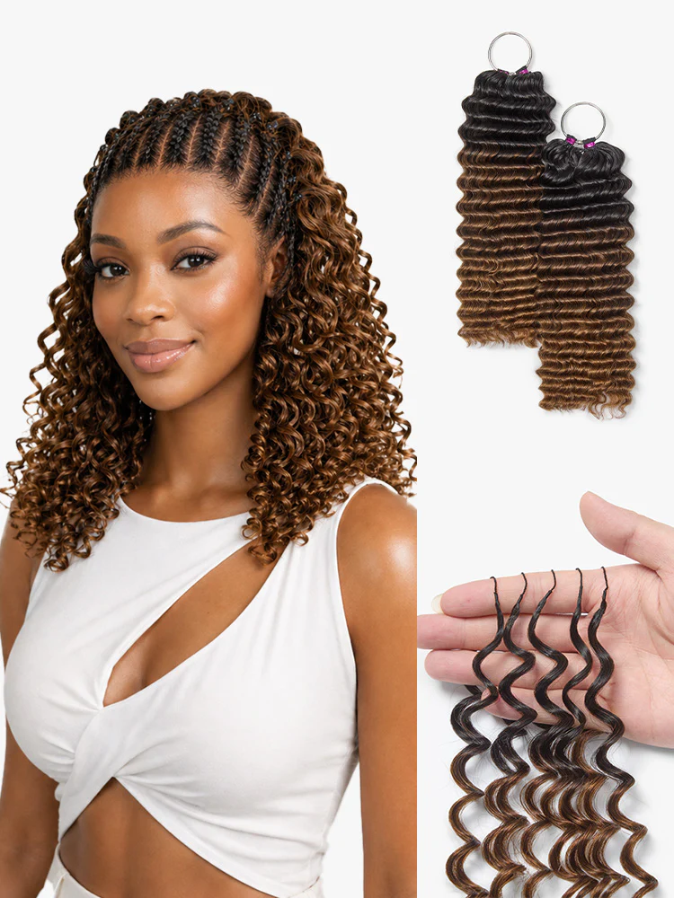 Readitress⢠Pre-Separated Feather Crochet Human Hair for Miracle Knots Boho Braids | Ombre Brown Deep Wave Protective Style (Free Gifts Included)