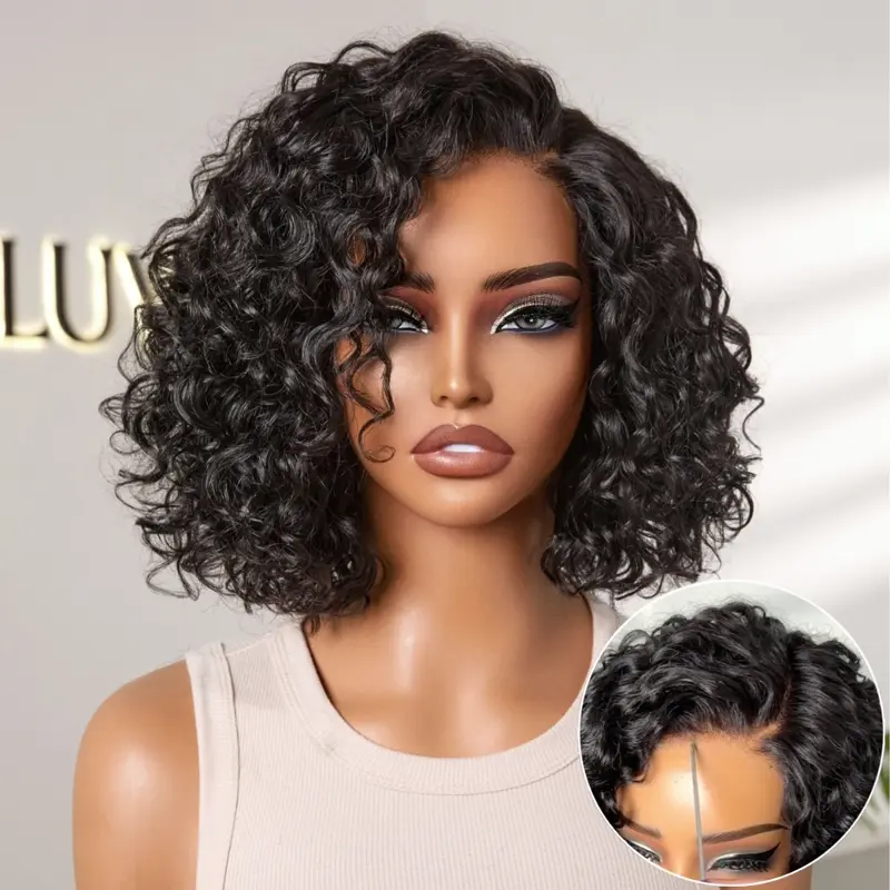 Ready to Go Blonde Highlight / Natural Black / Ombre Brown Water Wave Short Curly Bob Wig Glueless Minimalist HD Lace Wig Pre-Cut Lace - Image 11