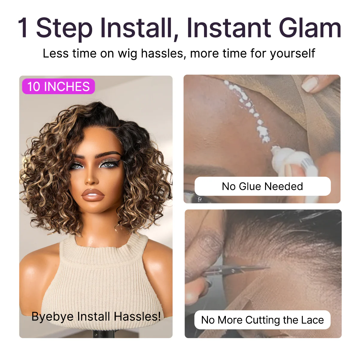 Ready to Go Blonde Highlight / Natural Black / Ombre Brown Water Wave Short Curly Bob Wig Glueless Minimalist HD Lace Wig Pre-Cut Lace - Image 15