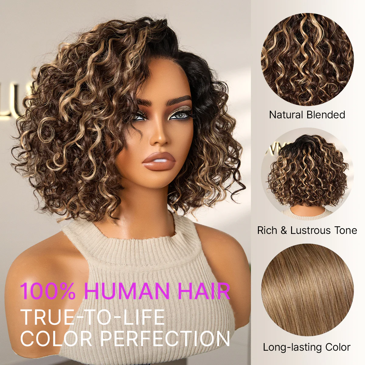 Ready to Go Blonde Highlight / Natural Black / Ombre Brown Water Wave Short Curly Bob Wig Glueless Minimalist HD Lace Wig Pre-Cut Lace - Image 3
